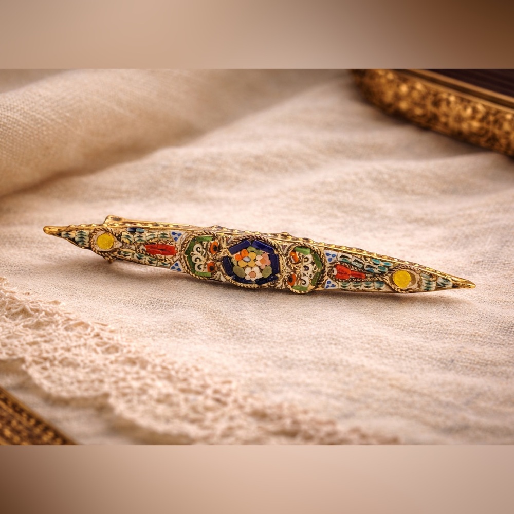 Vintage Italian Micro Mosaic Bar Brooch | R.M. Italy
